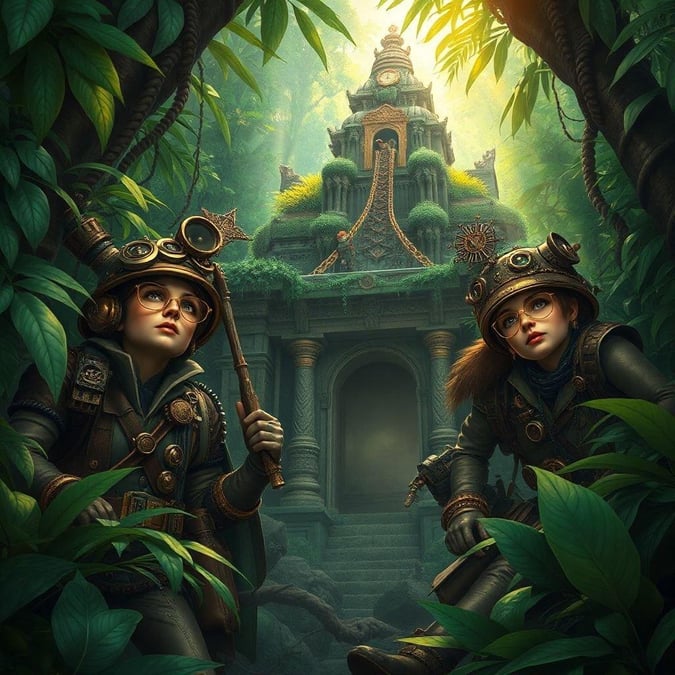 An artistic depiction of two adventurous characters stumbling upon an ancient temple in the heart of a dense jungle. Their exploration is filled with anticipation and mystery as they delve into the secrets of this long-forgotten place.