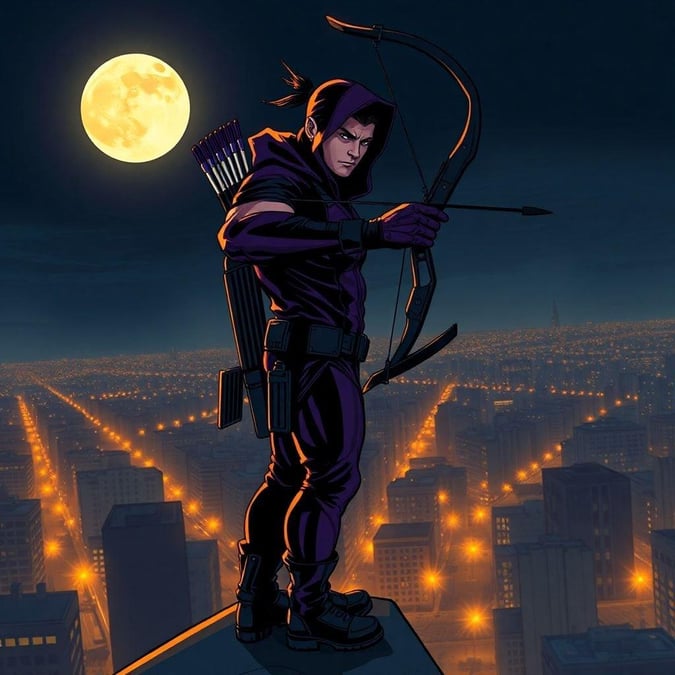 This image features Clint Barton, also known as Hawkeye, standing on a rooftop in the city, ready to take aim with his bow and arrow. The cityscape serves as a stunning backdrop, with towering buildings and bustling streets below. The image captures the essence of Hawkeye's skills as an archer and his ability to blend into the urban environment.