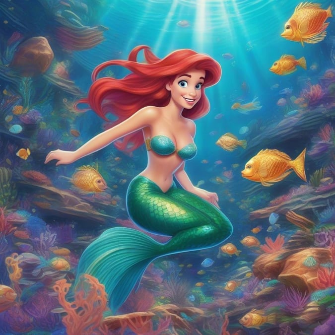 A vibrant scene from the beloved Disney classic, The Little Mermaid. Join Ariel as she explores the depths of the ocean, surrounded by a riot of colorful sea creatures.