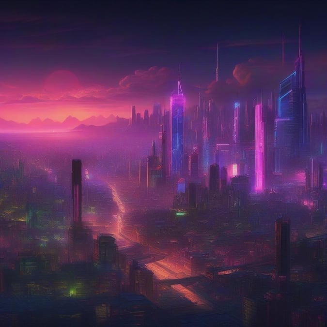 A futuristic cityscape at night, illuminated by neon lights and set against a dark sky. The image captures the essence of a cyberpunk world, where technology and nature coexist in a vibrant and dynamic environment.