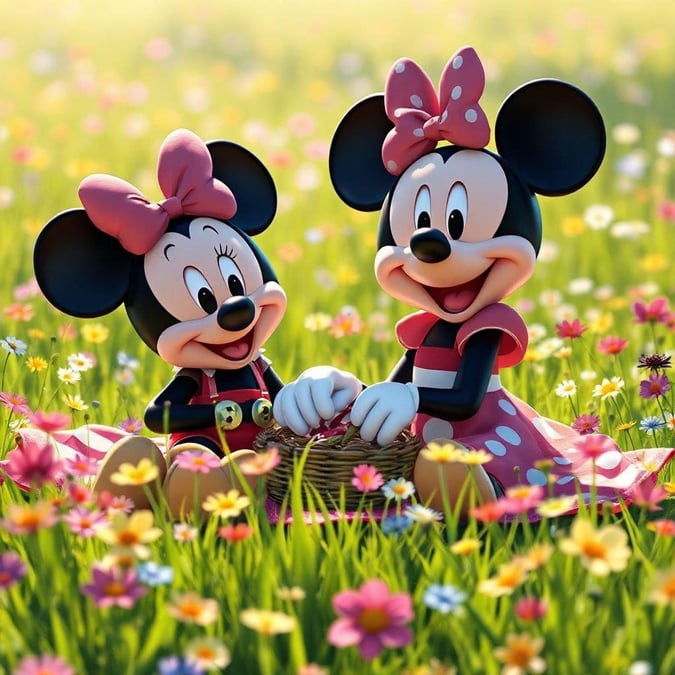 Mickey Mouse and Minnie Mouse share a delightful moment in a field of spring flowers, showcasing their iconic roles as beloved characters from the Walt Disney universe.