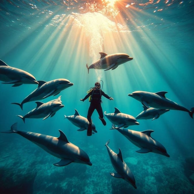 Feeling the ocean rush around you as playful dolphins swim close, this image captures a travel adventure unlike any other.