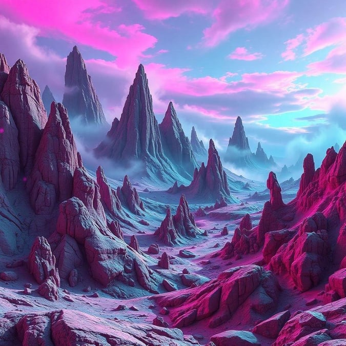 This sci-fi landscape wallpaper features a breathtaking alien world with towering mountains and a vibrant, neon-lit sky.