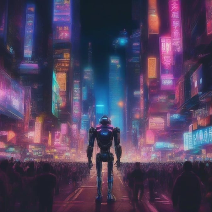 The lively streets of a neon-lit cyberpunk city at night, with a futuristic robot standing amidst the hustle and bustle.