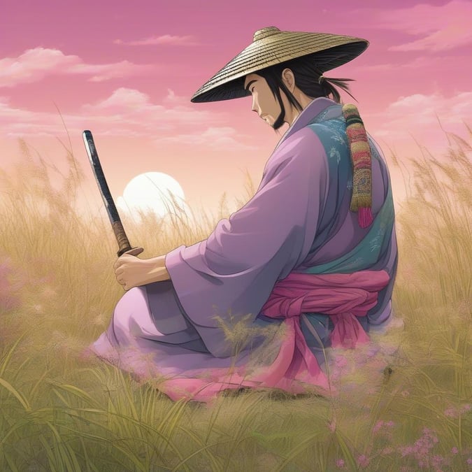 I denna lugna anime-illustration finner en mild samurai tröst i naturens stillhet. Figuren knäböjer på en bädd av höga gräs, prydd med en färgglad scarf och en rosa hatt som vackert kontrasterar mot hans lila klädsel. Med armarna lyfta över huvudet i en kontemplativ pose verkar samurajen vara förlorad i tankar medan han ser solen sjunka under horisonten. Fältet sträcker sig bortom, vilket leder ögat mot den nedgående solen och ger en känsla av djup och rörelse till denna fredliga scen.