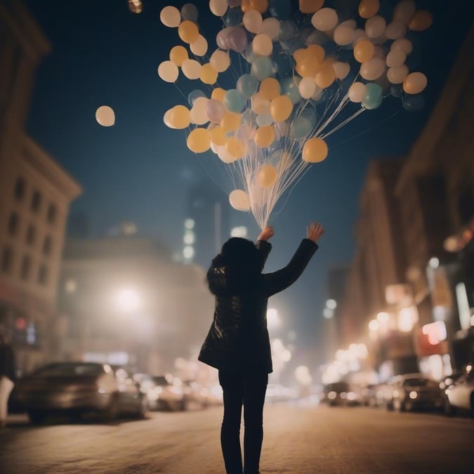 A joyful woman releasing balloons on a city street, capturing the spirit of celebration as we ring in the New Year.