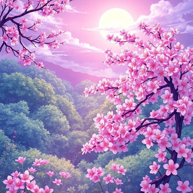 Immerse yourself in the serene beauty of this anime-inspired wallpaper, featuring a moonlit garden bathed in soft pink and purple hues, with wispy clouds adding to the ethereal atmosphere. The foreground is adorned with blooming cherry blossoms, while the background seamlessly transitions into a lush, verdant landscape.