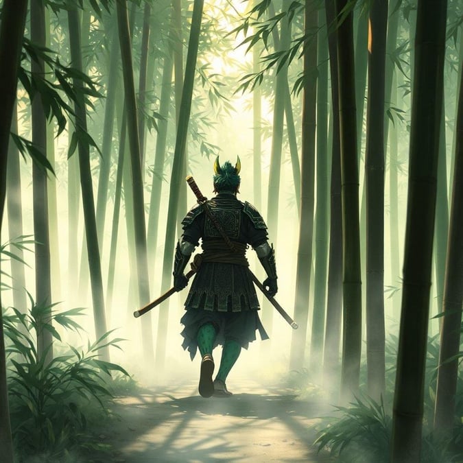 This anime-style illustration depicts a samurai walking through a misty bamboo forest, with vibrant green and yellow fur contrasting the dark brown and black bamboo. The scene is illuminated by light green and brown hues, creating a sense of motion and mystery.