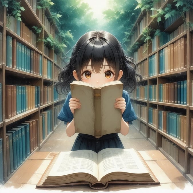 A young girl delves into an enchanting world of books. The warm glow and a blurred background hint at the magic that lies within those pages.