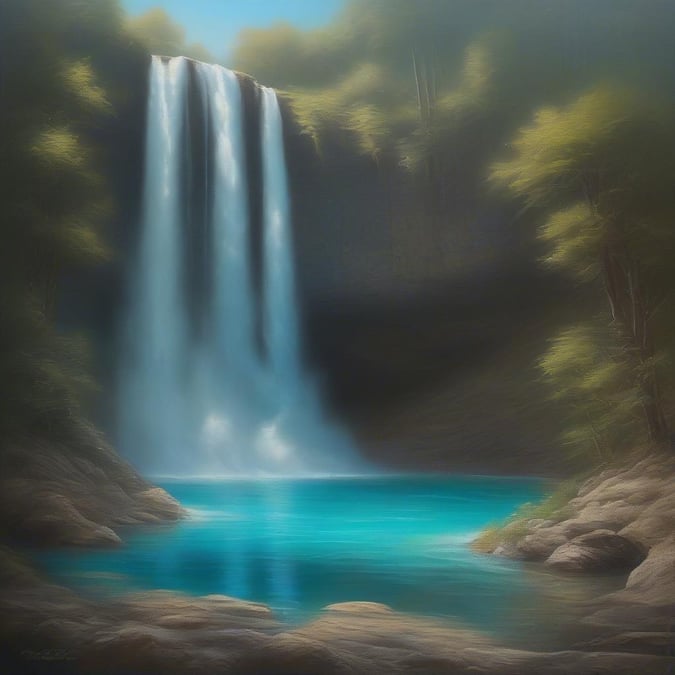 A serene landscape featuring a majestic waterfall surrounded by lush greenery.