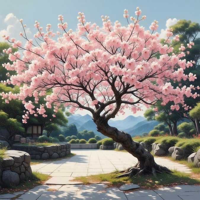 This anime-style wallpaper captures the delicate beauty of a cherry blossom tree in full bloom, surrounded by the tranquility of a traditional Japanese garden. The pink and white flowers contrast beautifully against the verdant backdrop, where distant mountains add to the picturesque scenery.