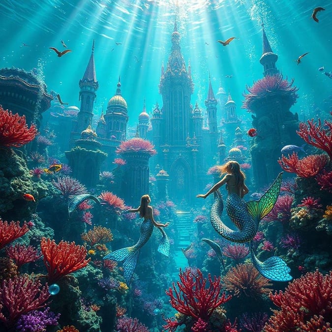 Exploring the depths of an enchanted ocean, where sea creatures and fantastical architecture intertwine. This underwater fairy tale invites you to swim among coral castles, accompanied by the magical mermaids.