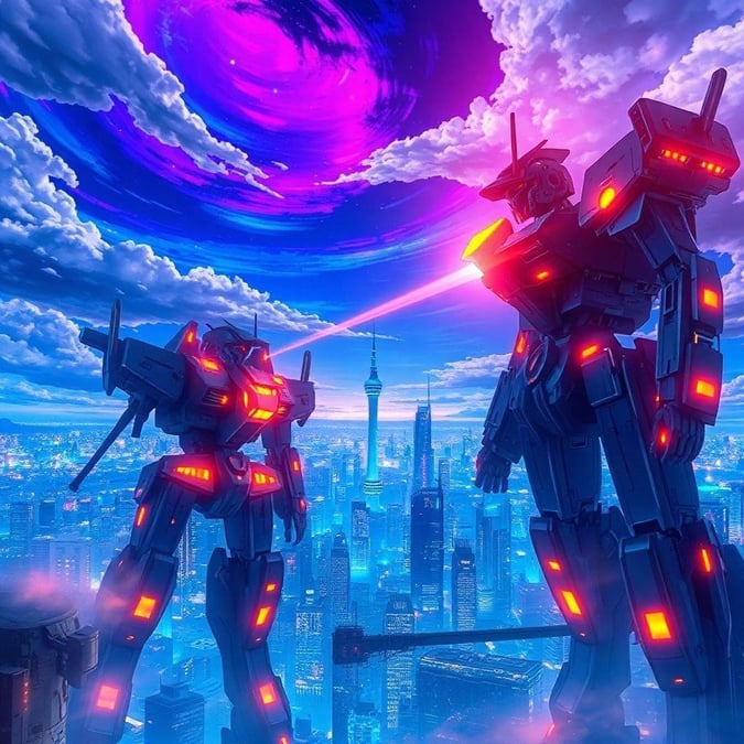 Dyk ner i den livfulla världen av anime med denna fantastiska stadsscape bakgrundsbild, som har futuristisk arkitektur och höga mechs under en fascinerande neonsky.