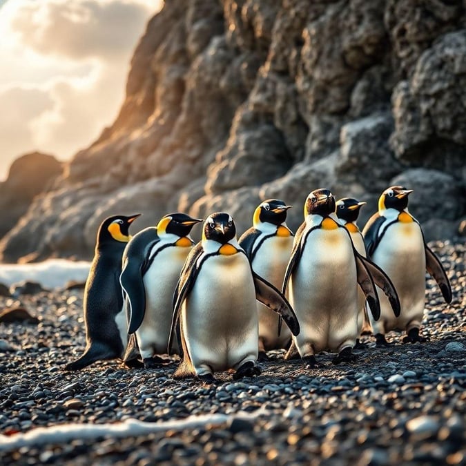 A group of penguins standing together at sunset, enjoying the view.