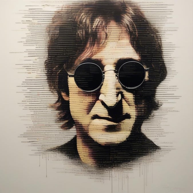 A striking portrait of the iconic John Lennon from The Beatles, known for his distinctive sunglasses and thoughtful gaze.