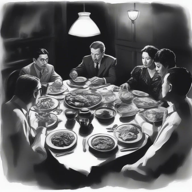 A timeless black and white image of a family enjoying a meal together.