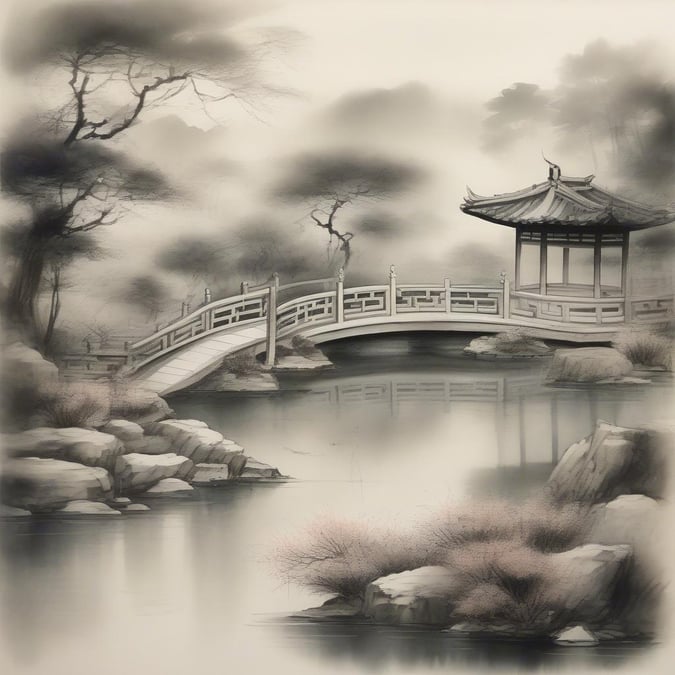 A tranquil scene featuring a traditional wooden bridge, a small pavilion, and the calming sound of a still pond. The quiet setting evokes a sense of peacefulness and respect for nature and cultural heritage.