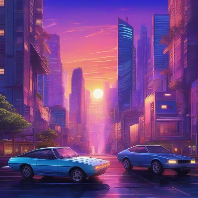 En anime-stil illustration av en livlig stadsbild vid solnedgången, med höga skyskrapor badande i neonlys och en flygande bil som bidrar till den futuristiska känslan.