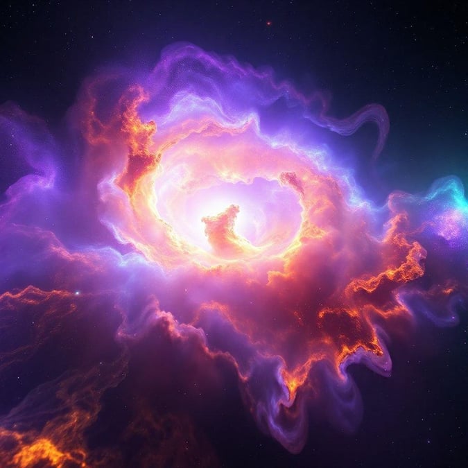 Explore the depths of space with this breathtaking view of a cosmic nebula. The vibrant colors of purple, orange, and red swirl around the center, creating an ethereal landscape that's both mysterious and captivating.