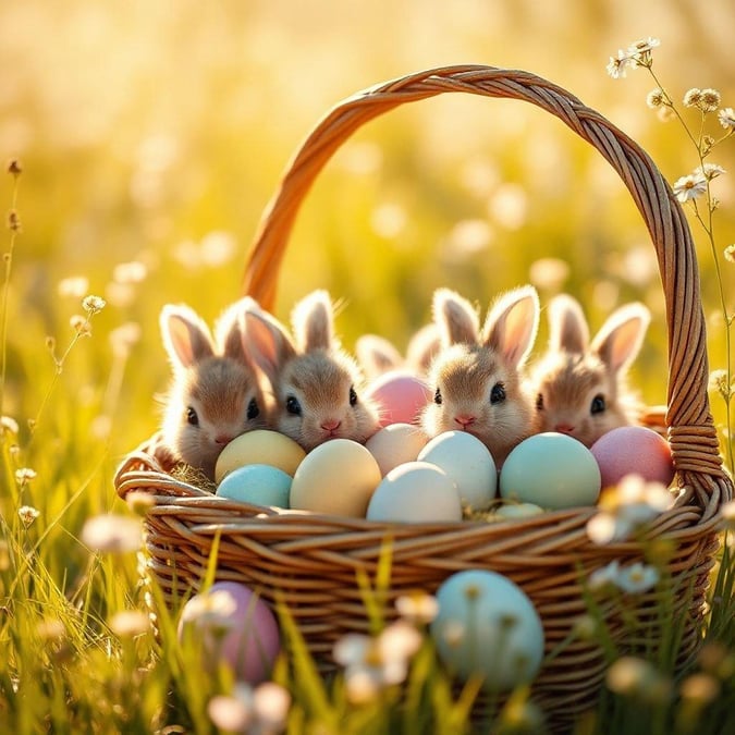 This adorable wallpaper features three cute bunnies peeking out of a basket filled with colorful eggs, perfect for adding a touch of Easter charm to your desktop or mobile device.