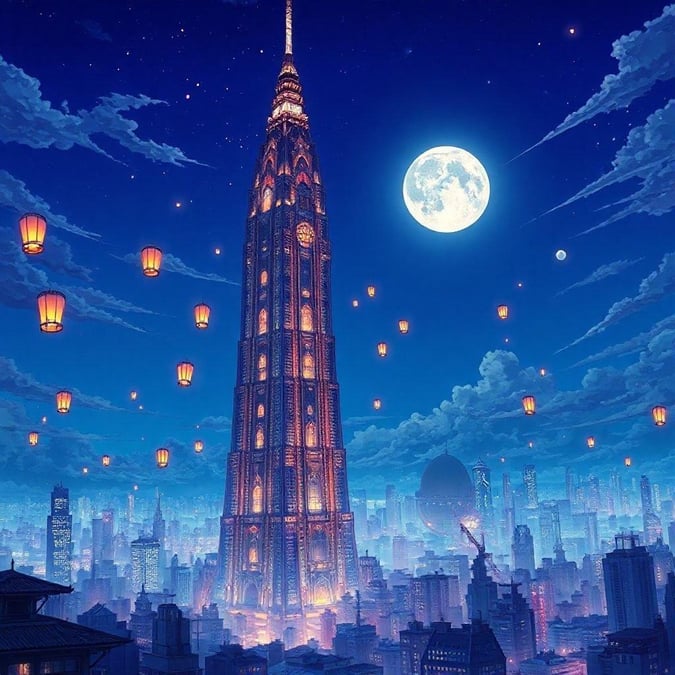 神秘的夜间场景，一座高耸的摩天大楼在充满魅力的满月下，矗立在生机勃勃的蓝天中。下面的街道被漂浮的灯笼照亮，为这个城市幻想的景观增添了一丝魔力。