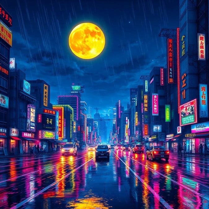 Plongez-vous dans le monde vibrant de l'anime avec ce magnifique fond d'écran de paysage urbain. Les lumières néon se reflètent sur le pavé mouillé, créant un affichage hypnotisant de couleurs et de lumières.