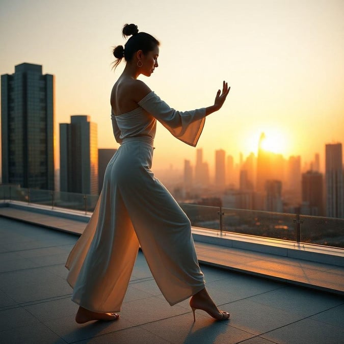 Woman practicing yoga on urban rooftop during sunset.