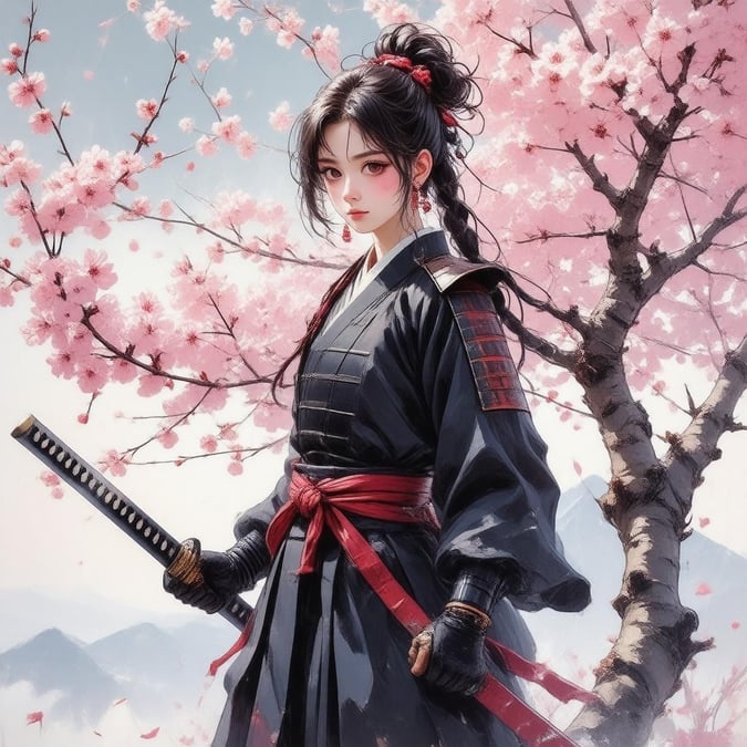 Get ready to be captivated by this stunning anime illustration of a young samurai girl standing on cherry blossom trees, her gaze directed at the viewer. The scene is filled with a katana, surrounded by pink cherry blossoms, creating an anime-like atmosphere.