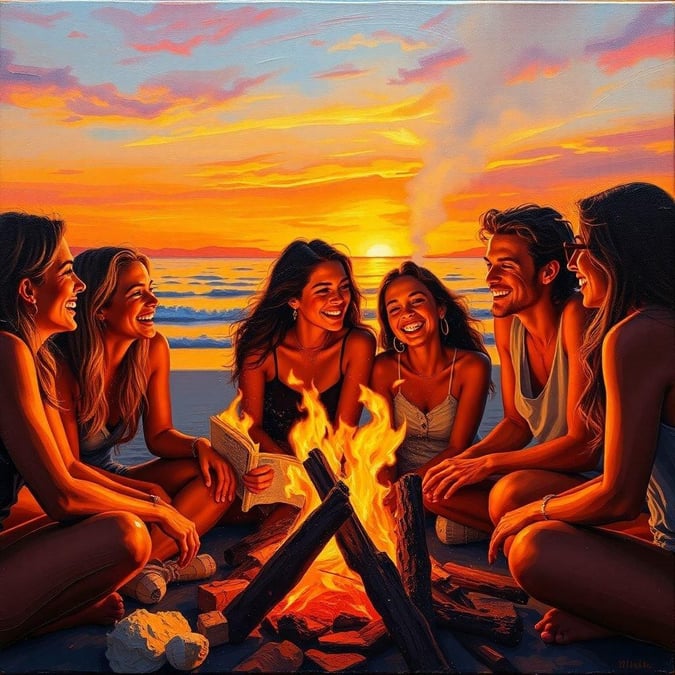 Friends sharing warmth around the beach bonfire as the sun sets, creating a picture of relaxation and joy.