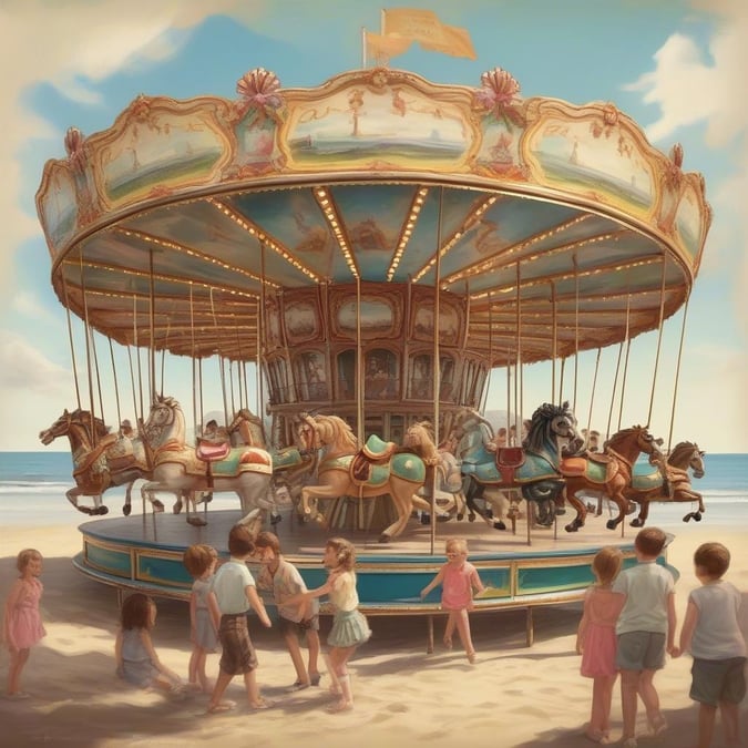 Enjoy the magic of the circus in this vintage-style carousel. Watch as majestic horses, elegant unicorns, and playful giraffes come to life under the bright sun. Perfect for a day at the beach or a cozy evening at home.