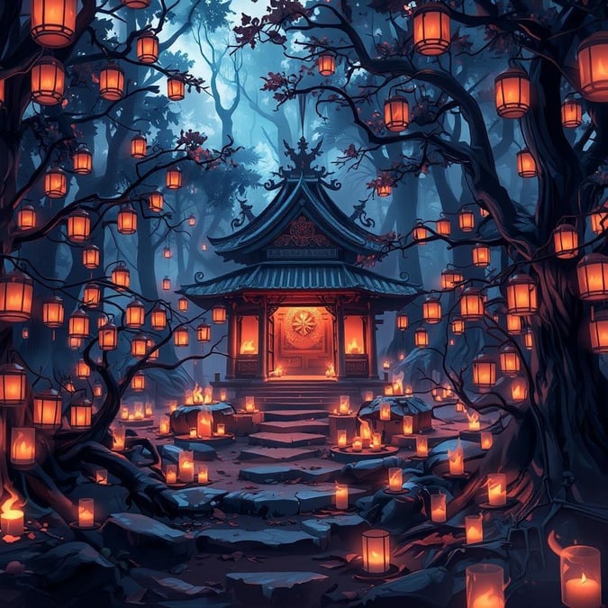 Immerse yourself in the mystical world of anime with this captivating wallpaper featuring a serene shrine nestled in a dense forest. The shrine is surrounded by hundreds of lanterns, each with glowing candles, creating an enchanting and mysterious atmosphere.