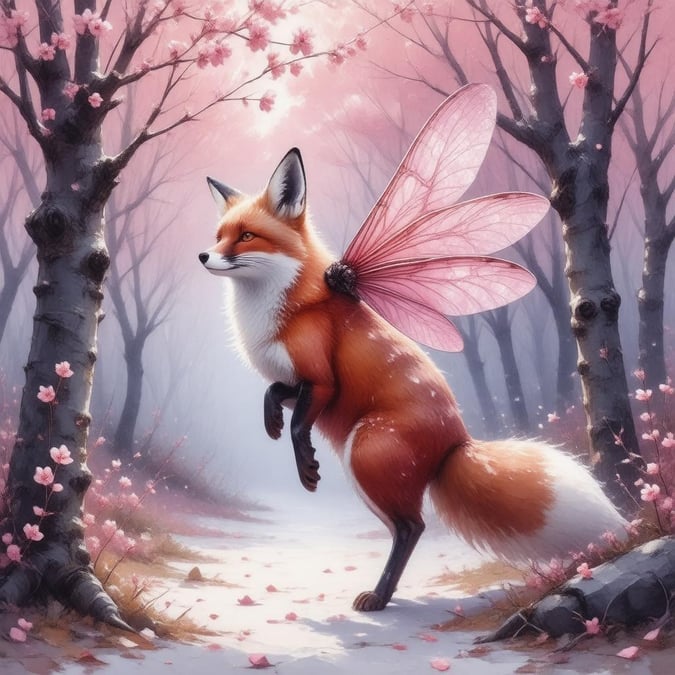 This stunning anime wallpaper features a fox spirit riding a dragonfly through a forest of cherry blossom trees, set against a backdrop of pink and purple hues.