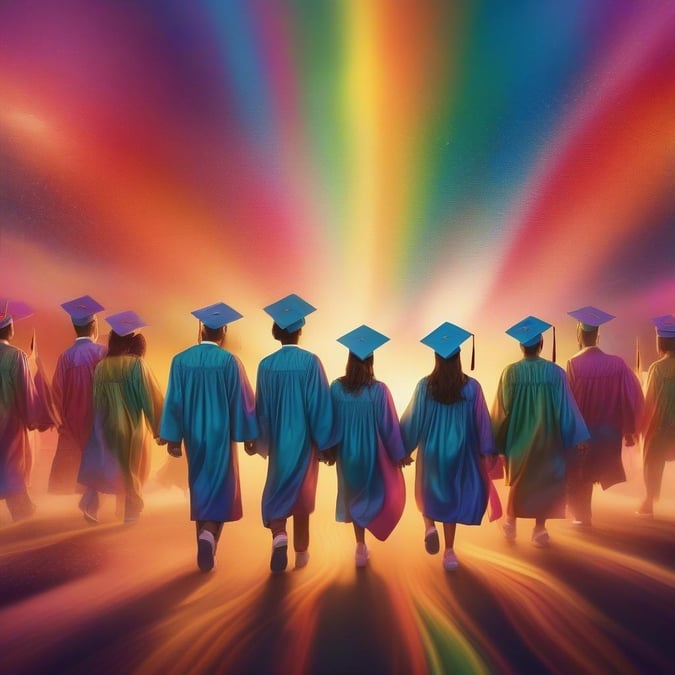 This vibrant image captures the joyous celebration of a group of graduates as they walk across the stage, each clad in traditional cap and gown. The backdrop is a psychedelic display of colors, adding a sense of festivity and achievement to the scene.