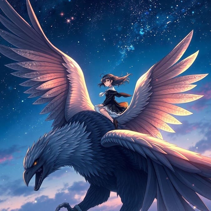 An adventurous schoolgirl soars through the night sky on the back of a majestic griffin, its wings spread wide in silent flight. The darkness of the surroundings contrasts with the figure's black and white outfit, creating an air of mystery and intrigue.