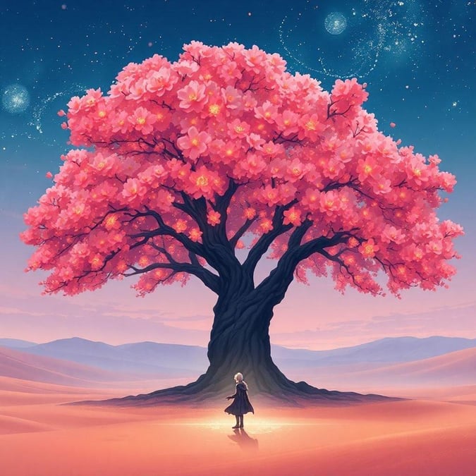 Immerse yourself in the serene beauty of this anime-style wallpaper, featuring a majestic cherry blossom tree standing tall in a vast desert landscape.