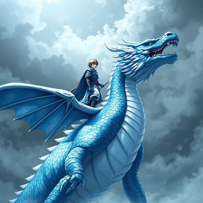 This captivating anime-style illustration features a young warrior standing atop a majestic dragon, both dressed in blue and white armor. The dragon's body is intricately designed to resemble misty mountains, while its head is angled to the right, and its wings are spread wide, creating a striking contrast against the dark, cloudy sky.