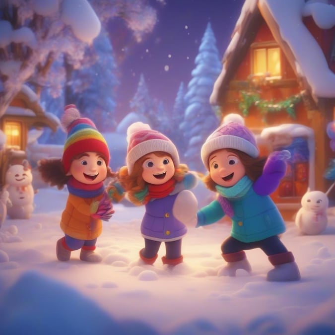 Three cheerful cartoon characters playing in the snow at night, enjoying the holiday season together.