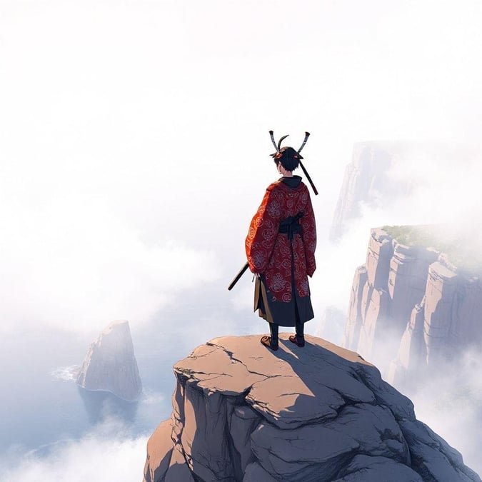 A serene and mystical anime illustration of a samurai warrior standing on a cliff overlooking a serene sea, with intricate details and a whimsical touch.