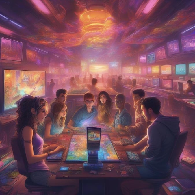 A group of friends immersed in an intense board game session, surrounded by screens that light up the room. Nostalgic for a simpler time when games were just as vibrant and social. Gather 'round and let's roll the dice.