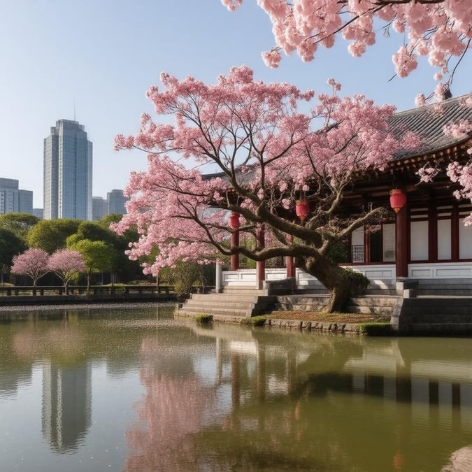 Eine ruhige Anime-Szene, die einen Tempel zeigt, der von einem Teich umgeben ist, der mit lebhaften rosa Kirschblüten gefüllt ist und eine atemberaubende und friedliche Atmosphäre schafft.