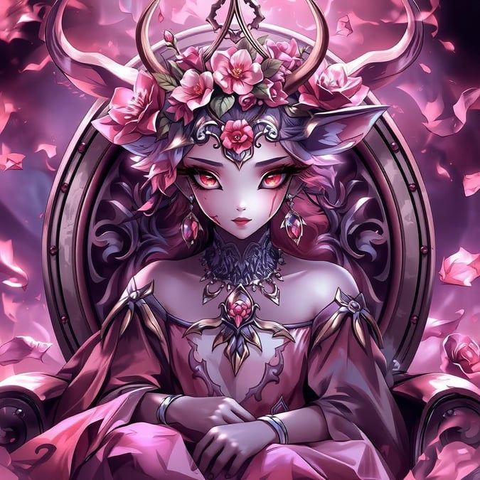 Step into a world of fantasy with this captivating anime wallpaper, featuring a regal queen of the fawns sitting on a throne, surrounded by flowers and leaves.