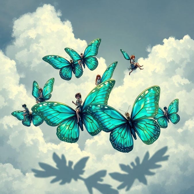 This wallpaper features a group of schoolgirls riding giant mechanical butterflies, their bodies a canvas of blue and green, set against a cloudy sky. The scene captures a moment of tranquility, with the butterflies' vibrant colors contrasting the dark background.