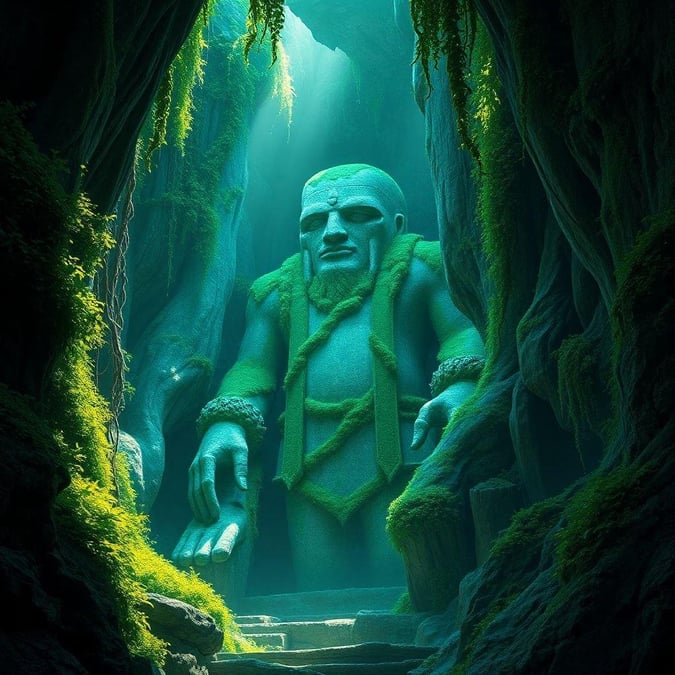 Explore the depths of ancient mystery with this enigmatic 3D art scene featuring a majestic green jade statue amidst lush, mossy surroundings. The intricate detailing on the jade figure evokes an otherworldly vibe, and the surrounding foliage adds a touch of wild nature to the composition.