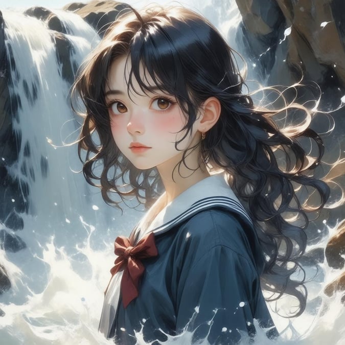 A serene and powerful anime girl illustration, set against the backdrop of a majestic waterfall. Her magical aura and cascading hair create a captivating scene, perfect for desktop and mobile wallpapers.