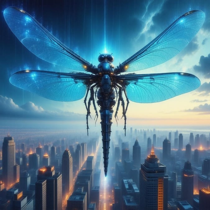 Immerse yourself in the futuristic world of anime with this captivating wallpaper featuring a giant mechanical dragonfly soaring over a bustling metropolis.