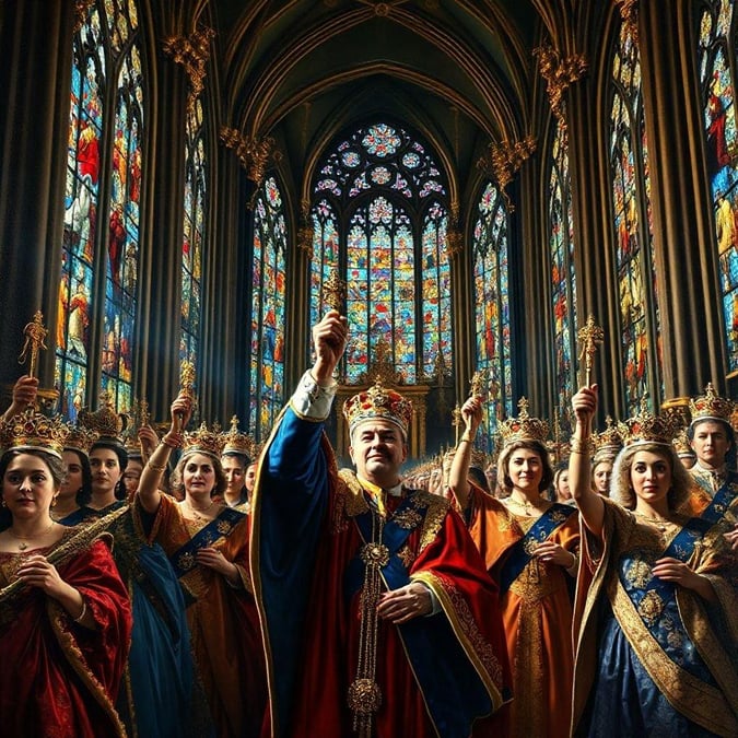 A majestic procession of royals in a stunning stained glass cathedral, exuding grandeur and tradition.