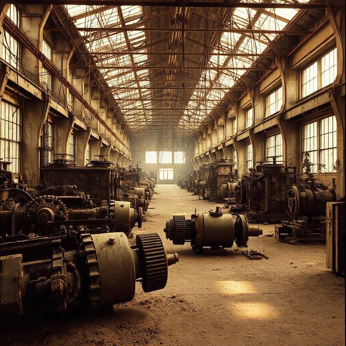 A cavernous industrial warehouse filled with rows of heavy machinery. The sun casts a warm glow through the high windows, highlighting the metallic hues and mechanical details.