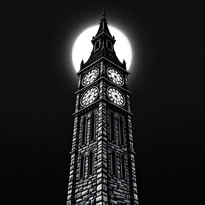 This black and white wallpaper captures the timeless elegance of the Big Ben clock tower, illuminated by the full moon against a star-streaked sky.