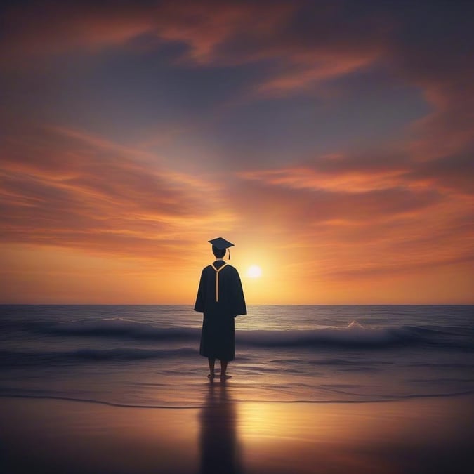 A serene moment of reflection and celebration as the graduate takes in the beauty of the ocean sunset.