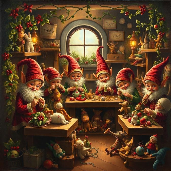 A whimsical scene where Santa Claus and his elves are hard at work preparing gifts for Christmas.